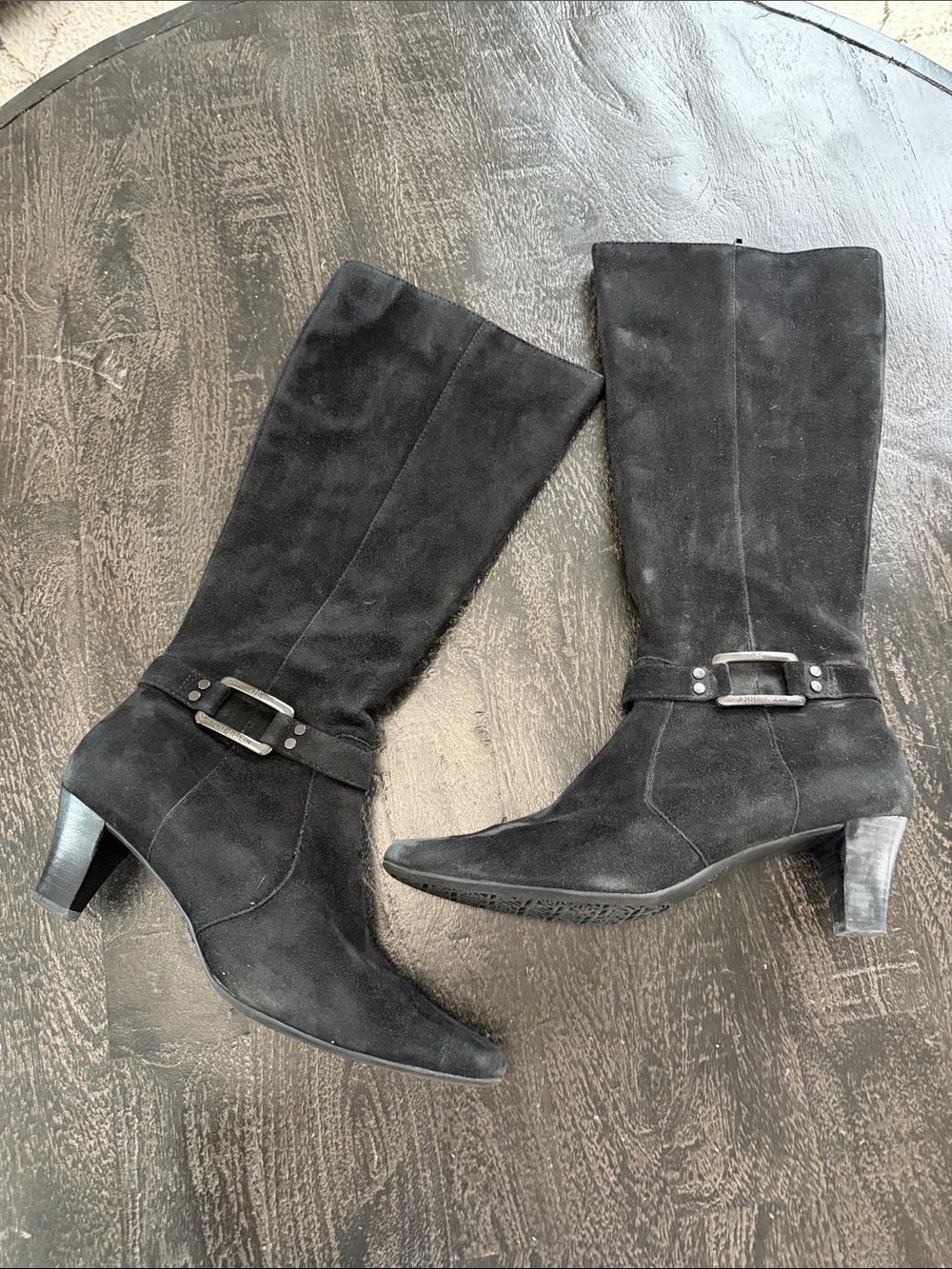 Anne Klein Black Suede Mid-Calf Heeled Boots with Buckle